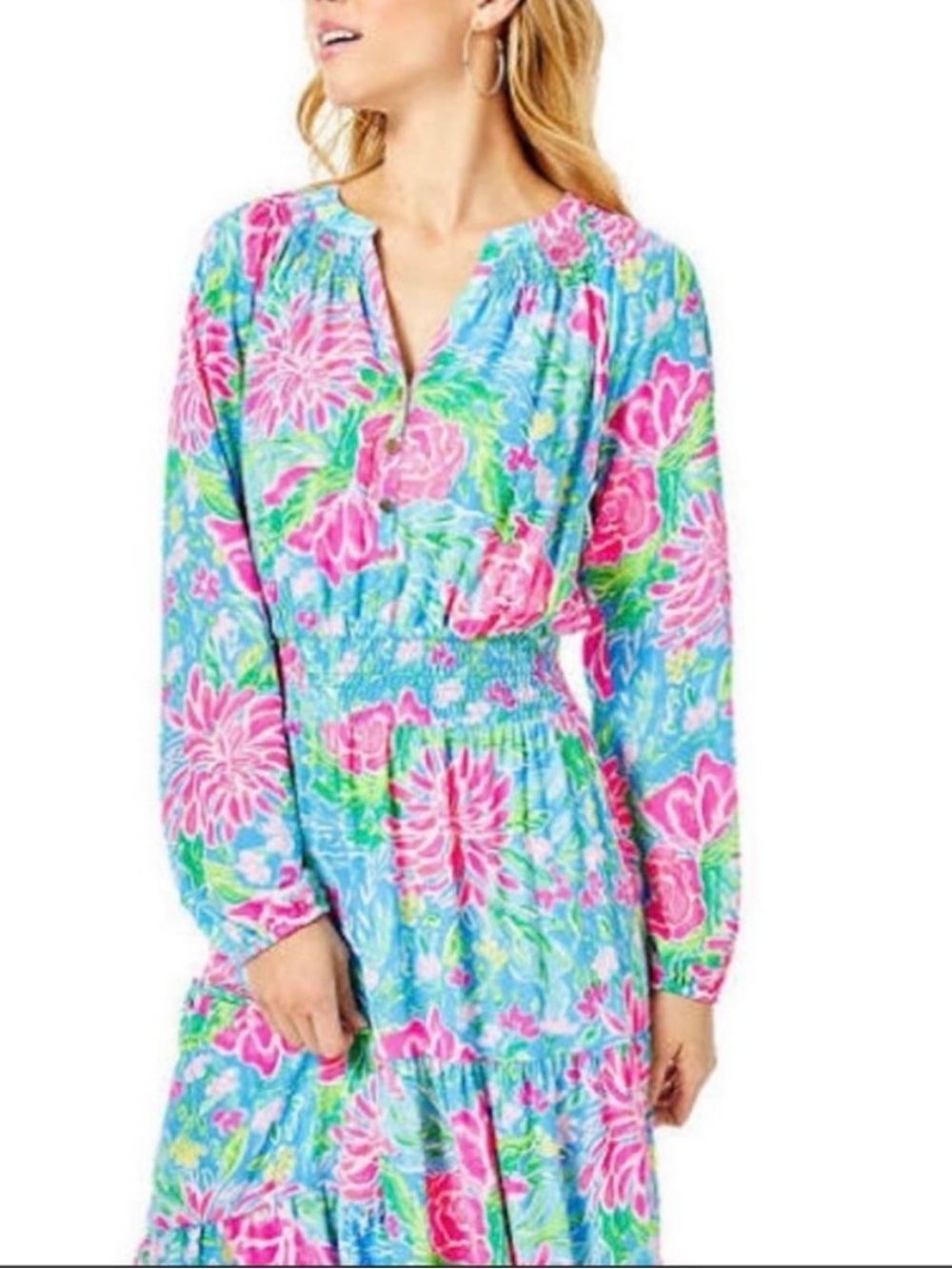 Lilly Pulitzer Pauline Maxi Dress Bunny Business Zanzibar Blue Tiered Smocked. L
